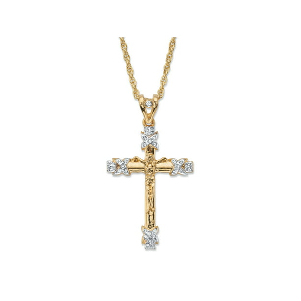 LARGE CRYSTAL CRUCIFIX CROSS 18k GOLD 24" ROPE CHAIN ITALIAN necklace men female 